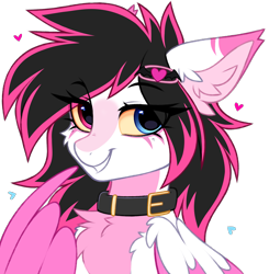 Size: 2935x3000 | Tagged: safe, artist:pesty_skillengton, oc, oc only, oc:lunylin, pegasus, pony, blaze (coat marking), bust, cheek fluff, chest fluff, coat markings, collar, colored belly, colored ear fluff, colored eartips, colored wings, cute, ear fluff, ear markings, eyebrows, eyebrows visible through hair, facial markings, female, floating heart, heart, heterochromia, high res, looking at you, mare, portrait, reverse countershading, simple background, sketch, smiling, smiling at you, solo, transparent background, two toned mane, wings