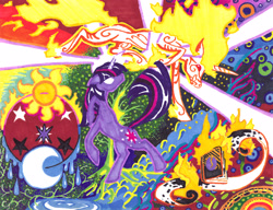 Size: 3290x2524 | Tagged: safe, alternate version, artist:foldawaywings, twilight sparkle, pony, unicorn, g4, abstract background, book, coat markings, duo, female, fiery fetlocks, fire, high res, mane of fire, mare, marker drawing, rearing, swirls, swirly markings, traditional art, unicorn twilight, white eyes