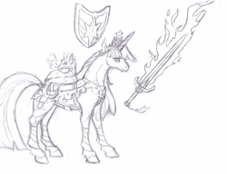 Size: 4944x3800 | Tagged: safe, artist:foldawaywings, spike, twilight sparkle, dragon, pony, unicorn, g4, big crown thingy, dragons riding ponies, duo, element of magic, female, fire, flaming sword, grayscale, jewelry, leg wraps, male, mare, monochrome, pencil drawing, realistic anatomy, regalia, riding, shield, simple background, sword, traditional art, unicorn twilight, warrior twilight sparkle, weapon, white background