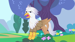 Size: 1280x720 | Tagged: safe, artist:mlp-silver-quill, oc, oc:silver quill, hippogriff, flower, keyframe and the dread griffon, silver quill is not amused, tree, unamused