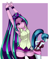 Size: 1700x2000 | Tagged: safe, artist:nekojackun, aria blaze, sonata dusk, human, equestria girls, g4, armpits, belt, clothes, duo, duo female, eyes closed, eyeshadow, female, gritted teeth, makeup, shirt, shorts, skirt, sleeveless, socks, spiked wristband, stockings, stretching, teeth, thigh highs, thigh socks, wristband