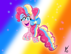 Size: 2160x1620 | Tagged: safe, artist:jesslmc16, pinkie pie, earth pony, pony, g4, balloon, bow, digital art, female, floating, full body, gradient background, hair bow, looking at you, mare, procreate app, rainbow, rainbow power, signature, smiling, smiling at you, sparkles, striped mane, striped tail, stripes, tail