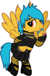 Size: 869x1307 | Tagged: safe, alternate version, artist:lightningbolt, derpibooru exclusive, pegasus, pony, g4, .svg available, alex gaskarth, all time low, belt, buckle, chains, cheek fluff, choker, clothes, crossdressing, dyed mane, dyed tail, ear fluff, ear piercing, earring, fishnet stockings, flying, hair over one eye, high heels, hoof fluff, hoof on hip, jewelry, leg band, lidded eyes, looking at you, male, midriff, necklace, piercing, ponified, raised hoof, shirt, shoes, short shirt, show accurate, simple background, skirt, solo, spread wings, stallion, svg, tail, tail feathers, tattoo, transparent background, vector, wing fluff, wings