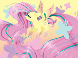 Size: 2048x1536 | Tagged: safe, artist:pyrelynx, fluttershy, butterfly, pegasus, pony, g4, ear cleavage, female, floppy ears, gradient background, impossibly long hair, impossibly long tail, mare, rainbow power, solo, spread wings, tail, wings