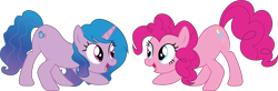 Size: 2394x786 | Tagged: safe, artist:prixy05, izzy moonbow, pinkie pie, earth pony, pony, unicorn, g4, g5, crouching, duo, duo female, female, g5 to g4, generation leap, izzy and her heroine, mare, simple background, transparent background, vector