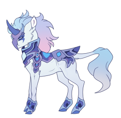 Size: 2390x2332 | Tagged: safe, alternate version, artist:venommocity, oc, oc only, oc:akira, pony, unicorn, armor, blue eyes, cheek fluff, colored hooves, colored horn, curved horn, cute, cute little fangs, ear fluff, elbow fluff, face paint, facial markings, fangs, female, frown, gradient mane, gradient tail, high res, horn, horn guard (armor), leonine tail, mare, neck fluff, side view, simple background, solo, standing, tail, transparent background, unicorn oc