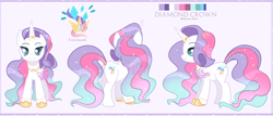 Size: 4000x1711 | Tagged: safe, artist:dixieadopts, oc, oc:diamond crown, pony, unicorn, beauty mark, blue eyes, ethereal hair, ethereal mane, ethereal tail, eye clipping through hair, female, front view, hoof shoes, horn, horn ring, jewelry, lavender background, lidded eyes, magical lesbian spawn, mare, necklace, offspring, parent:princess celestia, parent:rarity, parents:rarilestia, reference sheet, ring, side view, simple background, smiling, solo, standing, tail, turnaround, unicorn oc