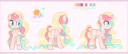 Size: 4000x1708 | Tagged: safe, artist:dixieadopts, oc, oc:royal dawn, alicorn, pegasus, pony, alicorn oc, anklet, blush lines, blush sticker, blushing, bracelet, colored wings, colored wingtips, cyan eyes, female, folded wings, front view, gradient mane, gradient tail, horn, jewelry, magical lesbian spawn, mare, necklace, offspring, parent:fluttershy, parent:princess celestia, parents:flutterlestia, reference sheet, side view, solo, standing, tail, tail bun, turnaround, wings