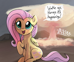 Size: 1577x1315 | Tagged: safe, artist:dotkwa, fluttershy, pegasus, pony, g4, cool guys don't look at explosions, cute, dialogue, female, happy, implied oc:deary dots, it's happening, mare, mushroom cloud, nuclear explosion, open mouth, open smile, oppenheimer, raised hoof, shyabetes, sitting, smiling, solo, speech bubble