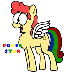 Size: 3023x3351 | Tagged: safe, artist:professorventurer, oc, oc:power star, pegasus, pony, beta, comfort oc, feathered wings, female, high res, mare, open mouth, open smile, pegasus oc, ponified, rule 85, simple background, smiling, solo, spread wings, super mario 64, super mario bros., text, white background, wings