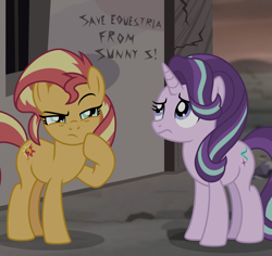 Size: 6012x5664 | Tagged: safe, artist:emeraldblast63, starlight glimmer, sunset shimmer, earth pony, pony, unicorn, comic:the tale of two sunsets, g4, alternate timeline, ashlands timeline, barren, implied genocide, post-apocalyptic, race swap, story included, wasteland