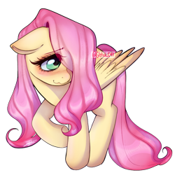 Size: 1280x1280 | Tagged: safe, artist:alicerosej, fluttershy, pegasus, pony, g4, blushing, cute, female, floppy ears, hair over one eye, mare, shyabetes, signature, simple background, smiling, solo, transparent background