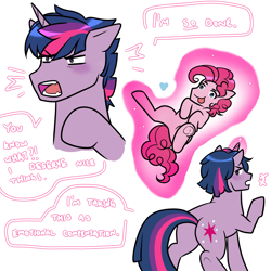 Size: 1500x1500 | Tagged: safe, artist:princeofrecycling, pinkie pie, twilight sparkle, earth pony, pony, unicorn, g4, :p, bubble berry, butt, butt tail, donk shine, duo, duo male, dusk shine, levitation, magic, male, plot, rule 63, simple background, stallion, telekinesis, tongue out, white background