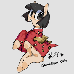 Size: 2560x2560 | Tagged: safe, artist:metaruscarlet, oc, oc only, oc:hanako, earth pony, pony, clothes, earth pony oc, gray background, high res, japanese, kimono (clothing), looking at you, open mouth, simple background, solo