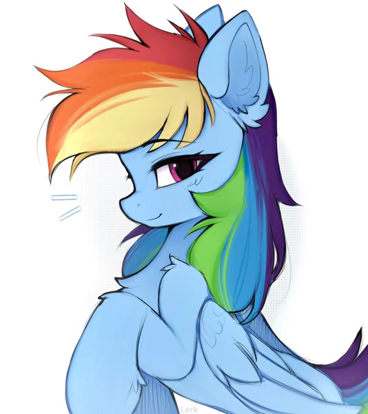 Size: 1140x1280 | Tagged: safe, artist:lerkfruitbat, rainbow dash, pegasus, pony, g4, chest fluff, colored, concave belly, cute, dashabetes, dithering, ear fluff, emanata, eyebrows, eyebrows visible through hair, featured image, female, folded wings, hoof fluff, lacrimal caruncle, leg fluff, looking at you, mare, profile, raised hoof, signature, simple background, slim, smiling, smiling at you, solo, thin, white background, wings