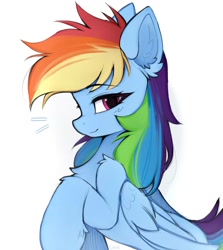 Size: 1140x1280 | Tagged: safe, artist:lerkfruitbat, rainbow dash, pegasus, pony, g4, chest fluff, colored, concave belly, cute, dashabetes, dithering, ear fluff, emanata, eyebrows, eyebrows visible through hair, featured image, female, folded wings, hoof fluff, lacrimal caruncle, leg fluff, looking at you, mare, profile, raised hoof, signature, simple background, slender, smiling, smiling at you, solo, thin, white background, wings