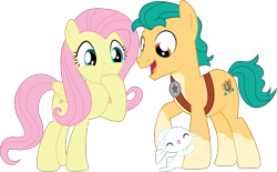 Size: 1953x1208 | Tagged: safe, artist:prixy05, angel bunny, fluttershy, hitch trailblazer, earth pony, pegasus, pony, rabbit, g4, g5, animal, g5 to g4, generation leap, hitch and his 2nd heroine, male, simple background, stallion, transparent background, trio, vector