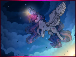 Size: 1280x960 | Tagged: safe, artist:binibean, twilight sparkle, alicorn, pony, g4, cloud, ethereal mane, female, glowing, glowing horn, horn, leaves, mare, older, older twilight, older twilight sparkle (alicorn), sky, solo, stars, twilight (astronomy), twilight sparkle (alicorn), wind