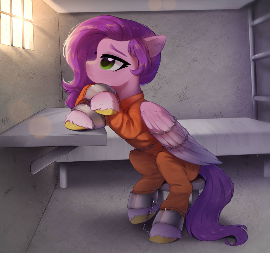 [bed,bunk bed,chains,clothes,crepuscular rays,cuffs,female,g5,hooves,jail,jumpsuit,mare,missing accessory,needs more jpeg,pegasus,pony,prison,profile,sad,safe,sitting,solo,stool,unshorn fetlocks,wings,prison outfit,indoors,looking up,looking away,colored hooves,jail cell,wing cuffs,folded wings,ankle cuffs,coat markings,gold hooves,never doubt rainbowdash69's involvement,looking out the window,head on hoof,socks (coat markings),pipp petals,supporting head,commissioner:rainbowdash69,artist:anku,prisoner pipp]