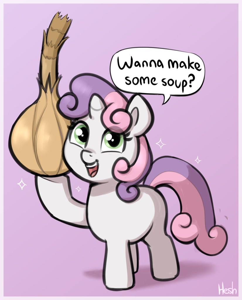 [blank flank,bronybait,cute,dialogue,female,filly,foal,food,looking at you,onion,open mouth,pony,safe,signature,solo,sparkles,speech bubble,sweetie belle,talking to viewer,unicorn,artist:heretichesh,herbivore,diasweetes,smiling,hoof hold,smiling at you,open smile]