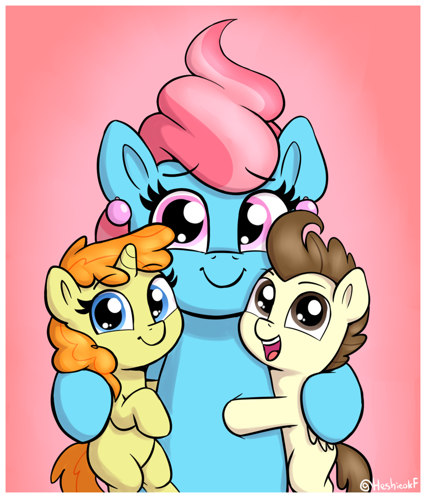 [colt,cup cake,cute,daaaaaaaaaaaw,earth pony,female,filly,foal,group hug,happy,hug,looking at you,male,mare,older,open mouth,pegasus,piercing,pony,pound cake,pumpkin cake,safe,siblings,trio,twins,unicorn,artist:heretichesh,ear piercing,gradient background,poundabetes,pumpkinbetes,smiling,smiling at you,mother and child,open smile,older pound cake,older pumpkin cake,cute cake,filly pumpkin cake,colt pound cake]