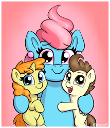 Size: 1146x1340 | Tagged: safe, artist:heretichesh, cup cake, pound cake, pumpkin cake, earth pony, pegasus, pony, unicorn, g4, brother and sister, cake twins, colt, colt pound cake, cute, cute cake, daaaaaaaaaaaw, ear piercing, female, filly, filly pumpkin cake, foal, gradient background, group hug, happy, hug, looking at you, male, mare, mother and child, mother and daughter, mother and son, older, older pound cake, older pumpkin cake, open mouth, open smile, piercing, poundabetes, pumpkinbetes, siblings, smiling, smiling at you, trio, twins