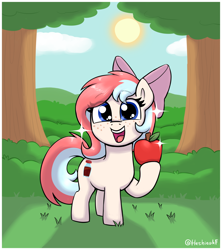 Size: 1728x1944 | Tagged: safe, artist:heretichesh, oc, oc only, oc:fizzie, earth pony, pony, apple, bow, cute, eye clipping through hair, eyebrows, eyebrows visible through hair, female, filly, foal, food, hair bow, herbivore, looking at you, ocbetes, open mouth, open smile, signature, smiling, smiling at you, solo, sparkles