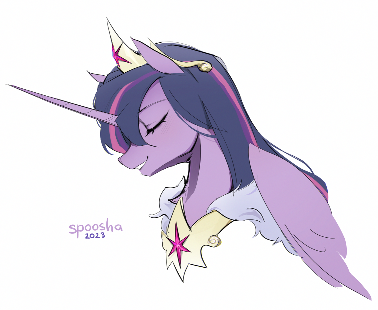 [alicorn,blushing,crown,eyes closed,jewelry,pony,safe,simple background,sketch,twilight sparkle,white background,wings,regalia,accessory,majestic,twilight sparkle (alicorn),artist:spoosha]