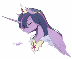 Size: 2326x1908 | Tagged: safe, artist:spoosha, twilight sparkle, alicorn, pony, g4, accessory, blushing, crown, eyes closed, female, high res, jewelry, majestic, mare, profile, regalia, simple background, sketch, smiling, solo, twilight sparkle (alicorn), white background, wings