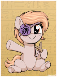 Size: 1180x1574 | Tagged: safe, artist:heretichesh, oc, oc only, oc:sandy sling, earth pony, pony, cute, egyptian, egyptian pony, eyepatch, female, filly, foal, hieroglyphics, looking at you, ocbetes, sitting, slingshot, smiling, smiling at you, solo, underhoof, waving, waving at you