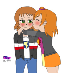 Size: 1024x1160 | Tagged: safe, artist:stella-exquisa, flash sentry, sunset shimmer, human, equestria girls, g4, anime, blushing, cheek kiss, clothes, cosplay, costume, deviantart watermark, duo, eyes closed, female, honoka kosaka, kissing, lesbian, love live!, love live! school idol project, male, obtrusive watermark, ship:flashimmer, shipping, simple background, smiling, straight, tsubasa akira, watermark, white background