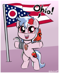 Size: 1476x1818 | Tagged: safe, artist:heretichesh, oc, oc only, bird, cardinal, earth pony, insect, ladybug, pony, snake, bipedal, female, filly, flag, flag pole, flower, flower in hair, foal, food, looking at you, ohio, open mouth, open smile, signature, simple background, smiling, smiling at you, solo, tomato, underhoof