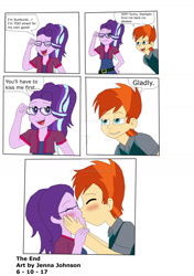 Size: 1024x1451 | Tagged: safe, artist:stella-exquisa, starlight glimmer, sunburst, human, equestria girls, g4, blushing, clothes, comic, deviantart watermark, dialogue, duo, equestria girls-ified, eyes closed, female, glasses, glasses off, kiss on the lips, kissing, male, obtrusive watermark, ship:starburst, shipping, simple background, smiling, straight, watermark, white background
