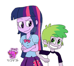 Size: 947x844 | Tagged: safe, artist:stella-exquisa, spike, twilight sparkle, human, equestria girls, g4, adoptive siblings, arms, blouse, bowtie, brother and sister, child, clothes, crossed arms, deviantart watermark, duo, female, grin, hand, human spike, humanized, long hair, male, nudge, obtrusive watermark, puffy sleeves, shirt, short hair, siblings, simple background, skirt, smiling, story included, t-shirt, teenager, teeth, transparent background, watermark