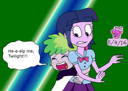 Size: 1024x727 | Tagged: safe, artist:stella-exquisa, spike, twilight sparkle, human, equestria girls, g4, arms, blouse, bowtie, breasts, brother and sister, bust, child, clothes, cringing, deviantart watermark, dialogue, duo, english, eyelashes, female, gradient background, grimace, hair, hand, hug, human spike, humanized, implied shipping, implied spikebelle, implied straight, long hair, male, obtrusive watermark, open mouth, pinpoint eyes, puffy sleeves, scared, shirt, siblings, skirt, standing, surprise hug, teenager, teeth, watermark, wince, yelling