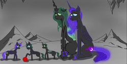 Size: 1643x828 | Tagged: safe, artist:nismorose, nightmare moon, queen chrysalis, alicorn, changeling, changeling queen, nymph, pony, g4, ball, cave, cheek fluff, chest fluff, cute, ear fluff, ethereal hair, ethereal mane, ethereal tail, family, female, filly, foal, horn, insect wings, lesbian, lying down, magical lesbian spawn, mare, offspring, parent, parent:nightmare moon, parent:queen chrysalis, parents:chrysmoon, playing, ship:chrysmoon, shipping, sitting, sleeping, slit pupils, smiling, starry mane, starry tail, tail, wings