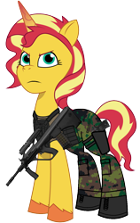 Size: 758x1200 | Tagged: safe, artist:edy_january, artist:prixy05, sunset shimmer, pony, unicorn, g4, g5, my little pony: tell your tale, angry, armor, armor skirt, armor vest, assault rifle, beretta, beretta 92fs, beretta m9, boots, call of duty, call of duty: modern warfare 2, call of duty: warzone, camouflage, clothes, g4 to g5, generation leap, gun, handgun, looking at you, m9, military, military uniform, pistol, rifle, shoes, simple background, skirt, soldier, soldier pony, solo, special forces, steyr aug, steyr aug a3 sf, tactical pony, tactical squad, task forces 141, transparent background, uniform, united states, vector, weapon