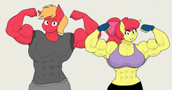 Size: 2655x1388 | Tagged: safe, artist:matchstickman, apple bloom, big macintosh, earth pony, anthro, matchstickman's apple brawn series, g4, abs, apple bloom's bow, apple brawn, armpits, bicep flex, biceps, bow, breasts, brother and sister, busty apple bloom, clothes, duo, female, fingerless gloves, flexing, gloves, great macintosh, hair bow, looking at you, male, mare, muscles, muscular female, muscular male, older, older apple bloom, pecs, siblings, simple background, stallion, tan background, triceps