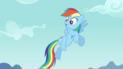 Size: 1280x720 | Tagged: safe, screencap, rainbow dash, pegasus, pony, g4, pinkie pride, anatomically incorrect, cloud, female, flying, incorrect leg anatomy, mare, mountain, open mouth, outdoors, raised hoof, raised leg, sky, solo, spread wings, wings