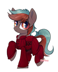 Size: 2583x3200 | Tagged: safe, artist:rottengotika, oc, oc only, oc:spear dancer, bat pony, pony, wingless bat pony, armor, gambeson, high res, looking at you, red eyes, simple background, slit pupils, solo, white background, wingless