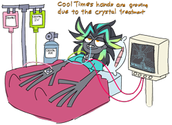 Size: 1412x1026 | Tagged: safe, artist:threetwotwo32232, oc, oc only, oc:cool time, human, bed, crystal treatment, crystals1986, doom, female, hospital, humanized, simple background, solo, transparent background