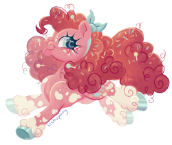 Size: 1145x968 | Tagged: safe, alternate version, artist:bishopony, pinkie pie, earth pony, pony, g4, :p, alternate design, bandana, blush scribble, coat markings, colored hooves, female, food, mare, simple background, smiling, solo, sprinkles, tongue out, transparent background, unshorn fetlocks