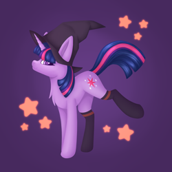 Size: 3000x3000 | Tagged: safe, artist:artsyplanet, twilight sparkle, pony, unicorn, g4, backwards cutie mark, chest fluff, clothes, concave belly, female, halloween, hat, high res, holiday, horn, looking at you, mare, neck fluff, smiling, socks, solo, stars, thigh highs, unicorn twilight, witch hat