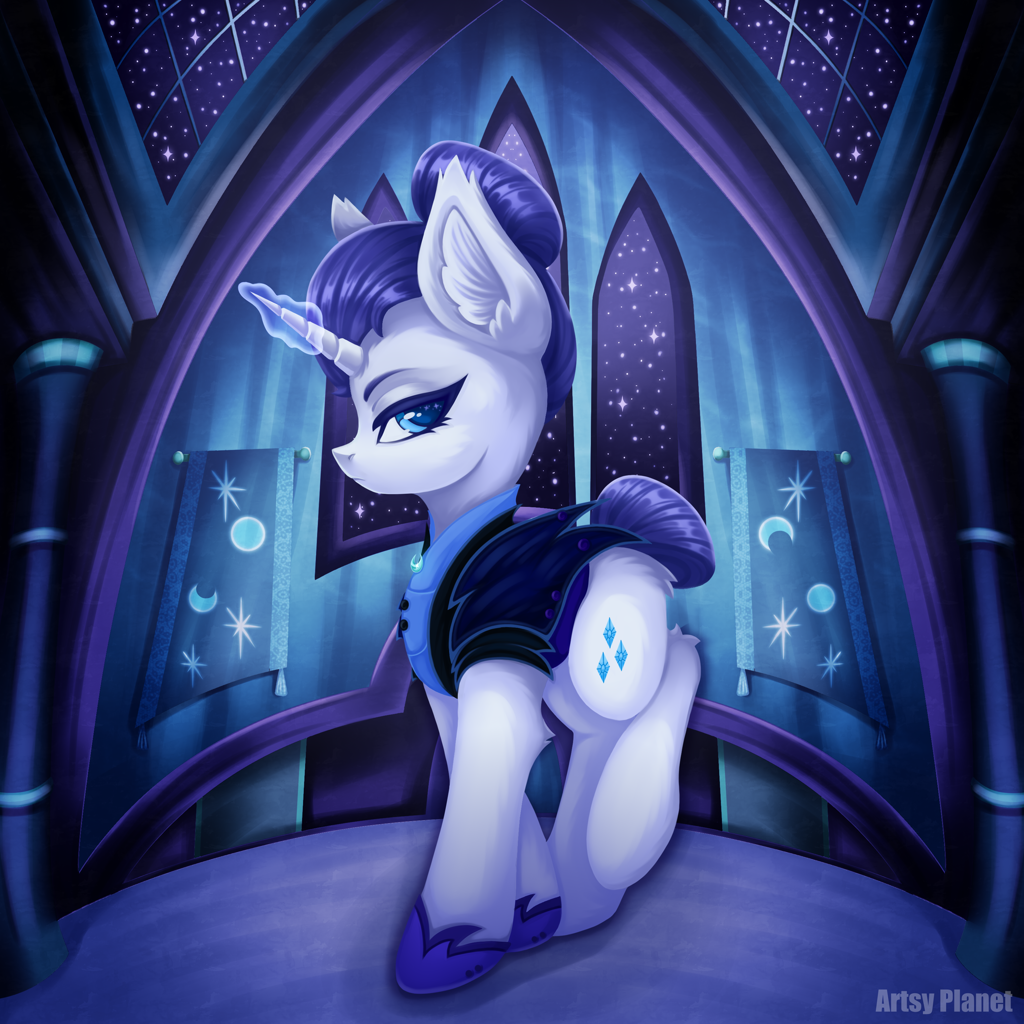 [alternate hairstyle,alternate timeline,eyebrows,female,glowing,glowing horn,high res,horn,looking at you,magic,magic aura,mare,pony,rarity,safe,signature,solo,unicorn,ear fluff,raised leg,castle of the royal pony sisters,nightmare takeover timeline,night maid rarity,the cutie re-mark,artist:artsyplanetz]