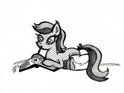Size: 2560x1924 | Tagged: safe, oc, oc only, oc:spear dancer, bat pony, pony, wingless bat pony, bag, bat pony oc, book, digital edit, drawing, ink drawing, lying down, pencil, piercing, prone, saddle bag, signature, simple background, slit pupils, solo, traditional art, white background, wingless