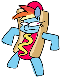 Size: 322x408 | Tagged: safe, artist:threetwotwo32232, rainbow dash, pegasus, pony, g4, female, food, hot dog, hot dog costume, mare, meat, sausage, simple background, transparent background