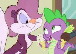 Size: 1221x874 | Tagged: artist needed, safe, edit, edited screencap, screencap, spike, dragon, skunk, dragon dropped, g4, animal, animated, crossover, crossover shipping, date, fifi la fume, food, ice cream, love, relationship, shipping, tiny toon adventures