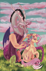 Size: 3300x5100 | Tagged: safe, artist:ashley-the-muffin, discord, fluttershy, draconequus, pegasus, pony, g4, absurd file size, cloud, duo, female, field, flower, flower in hair, lidded eyes, male, mare, pretty, ship:discoshy, shipping, sky, straight