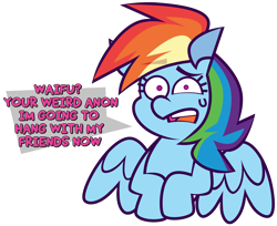 Size: 3805x3105 | Tagged: safe, artist:threetwotwo32232, rainbow dash, pegasus, pony, g4, dialogue, female, high res, looking at you, mare, misspelling of you're, simple background, talking to viewer, talking to you, transparent background, uncomfortable, unrequited, waifu