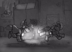 Size: 3500x2500 | Tagged: safe, artist:captainhoers, oc, oc only, oc:atom smasher, oc:jump cannon, earth pony, pegasus, pony, unicorn, flashlight (object), grayscale, high res, looking back, monochrome, running, snow, snowfall